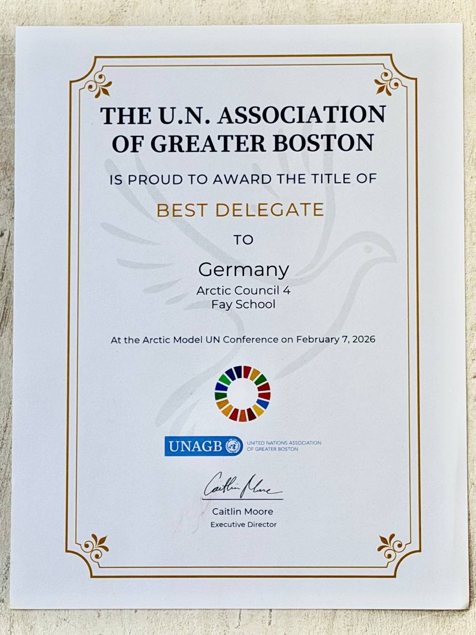 Best Delegate Certificate — Arctic Model UN Conference at Tufts University