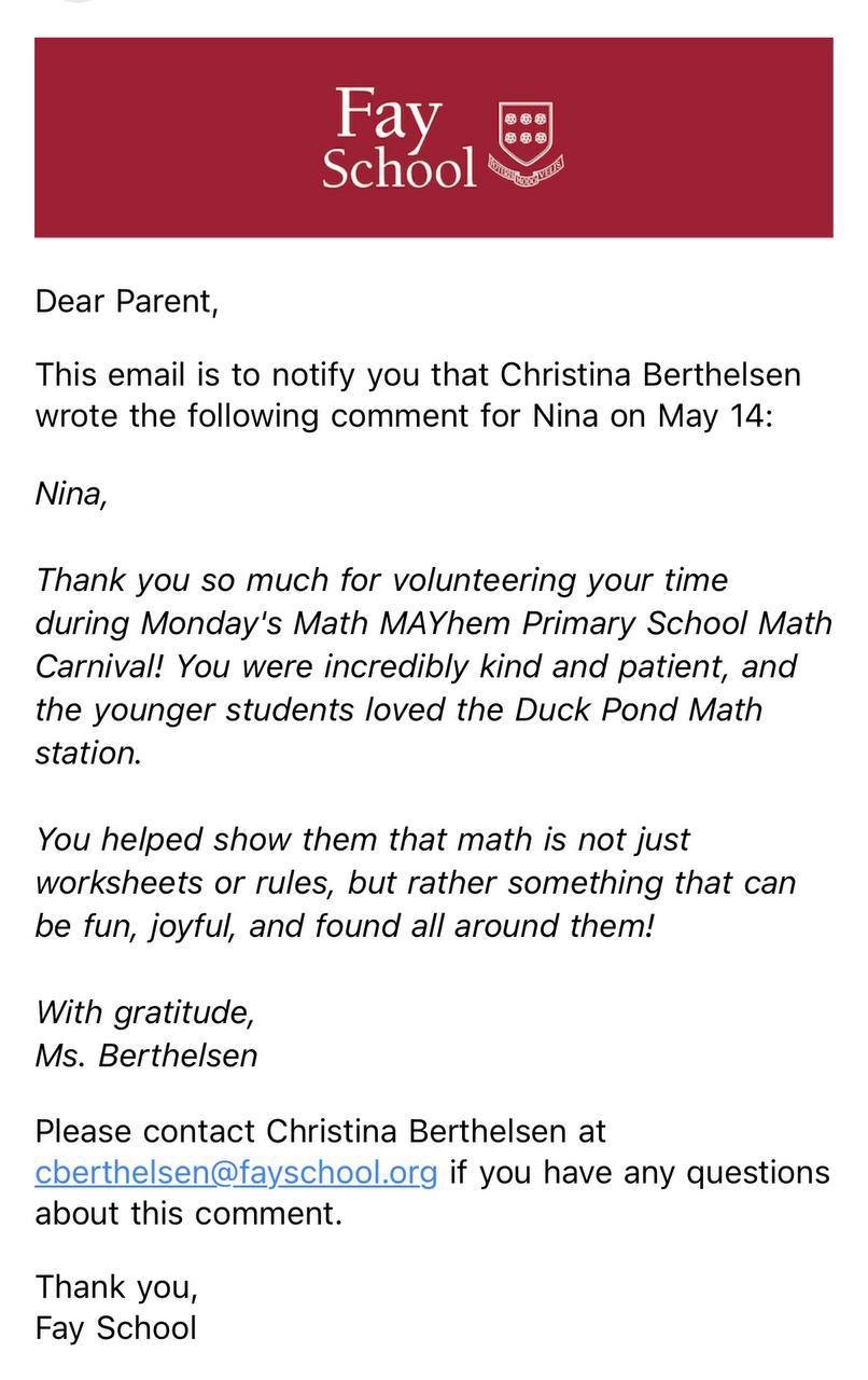 Math MAYhem volunteering thank you note